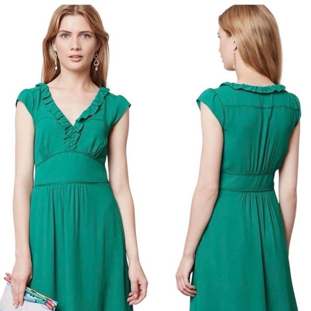 Maeve Anthropologie Della Emerald Green Ruffle Midi Dress Cottagecore Romantic